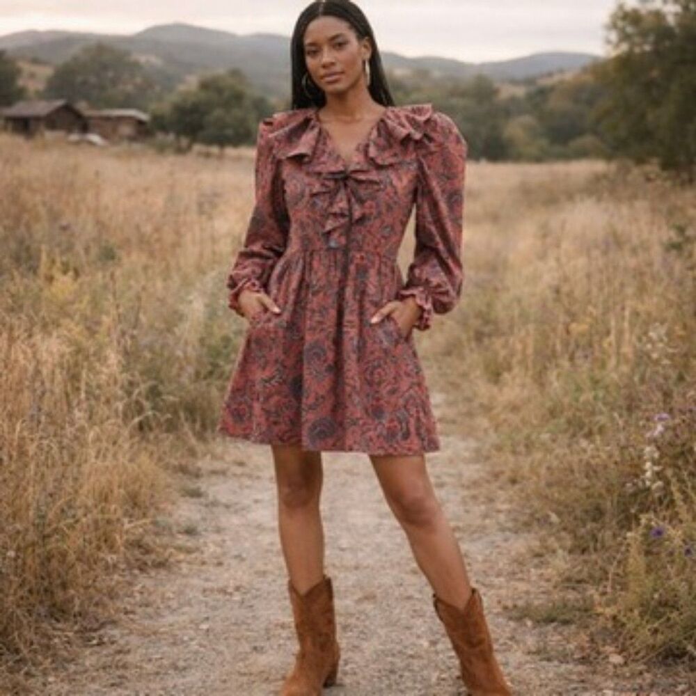 Ulla Johnson Ruffle Neck Long Sleeve Mini Dress Floral Boho Prairie Sz 0/XS